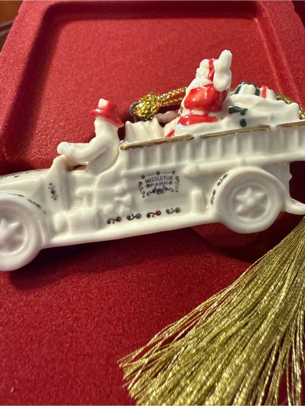 Lenox Mistletoe Park Fire Engine with Santa Waving Ornament